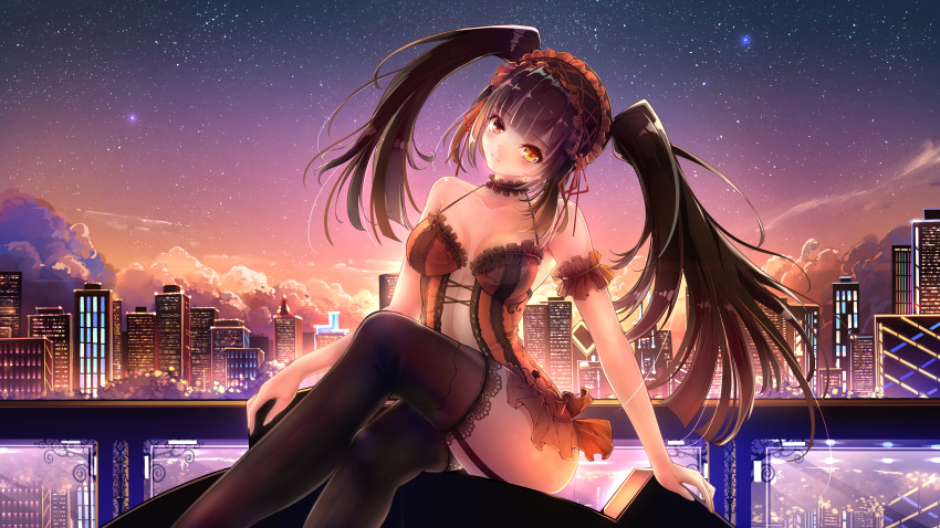 1girl 278004410 absurdres black_hair black_legwear breasts building city city_lights cityscape clock_eyes closed_mouth cloud cloudy_sky commentary_request crossed_legs date_a_live garter_straps hairband head_tilt heterochromia highres huge_filesize lolita_hairband long_hair looking_at_viewer medium_breasts red_eyes sky skyscraper smile solo star_(sky) starry_sky symbol-shaped_pupils thighhighs tokisaki_kurumi twintails uneven_twintails yellow_eyes