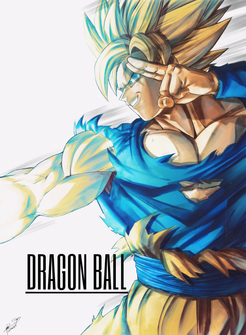 1boy absurdres aura bare_pecs blonde_hair blue_eyes copyright_name dragon_ball dragon_ball_z energy english_text highres looking_to_the_side male_focus muscle orange_pants pectorals salute shirt sleeveless smile solo son_goku spiked_hair sumutemu super_saiyan torn_clothes torn_shirt