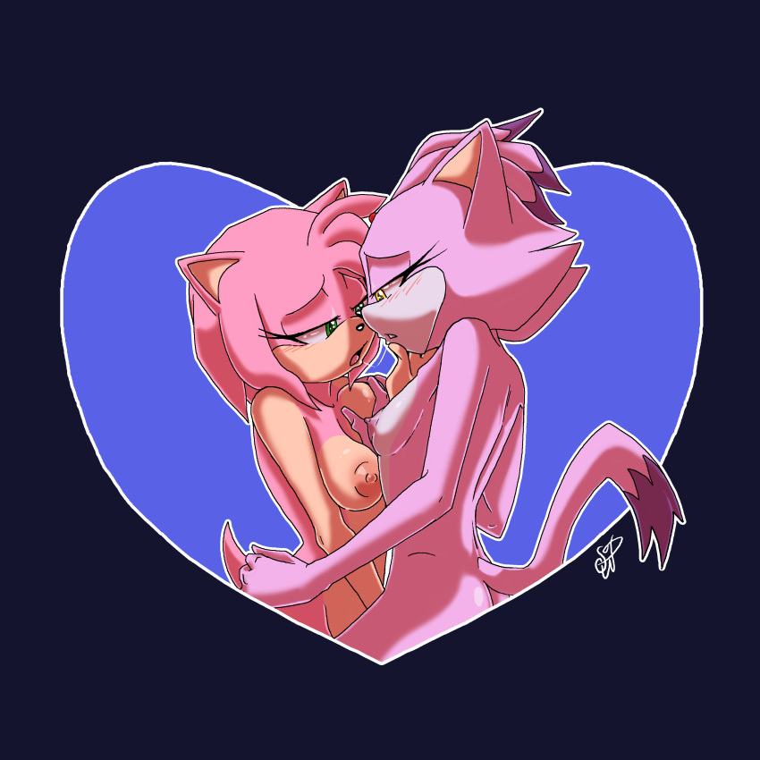 &lt;3 1:1 absurd_res amy_rose anthro bare_back bare_breasts blaze_the_cat blush bodily_fluids breast_grab breast_squish breasts domestic_cat duo embrace eulipotyphlan felid feline felis female female/female hand_on_breast hedgehog hi_res humanoid implied_fingering intimate kissing mammal nipples nude saliva saliva_string sapphicwetpanties simple_background sonic_the_hedgehog_(series) squish warm_colors