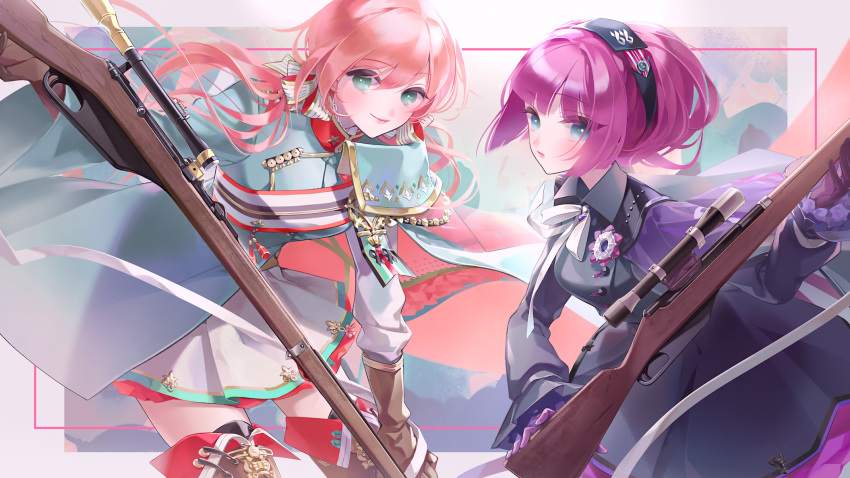 2girls aqua_eyes blue_eyes blush boots carcano_m1891_(girls_frontline) carcano_m91/38_(girls_frontline) closed_mouth dress eyebrows_visible_through_hair girls_frontline hair_ribbon hairband highres holding holding_weapon long_hair looking_at_viewer multiple_girls purple_dress purple_hair red_hair ribbon simple_background smile uniform urano_ura weapon white_ribbon