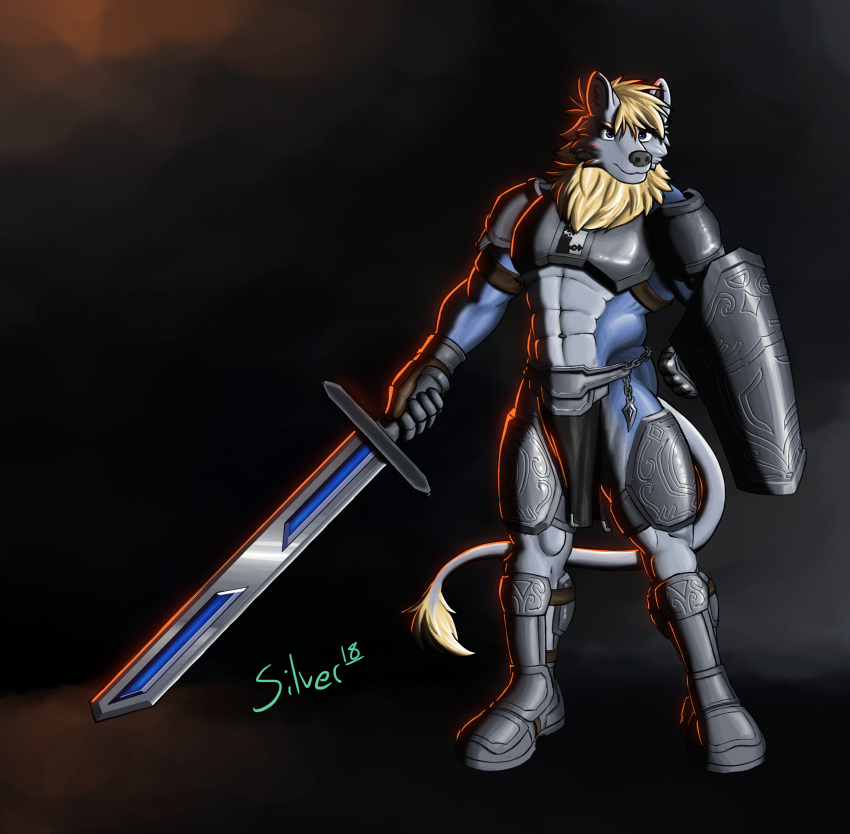 absurd_res anthro armor canid canine canis fantasy felid hi_res lion male mammal melee_weapon muscular muscular_anthro muscular_male pantherine shield silverferak solo sword weapon wolf wolf/lion zeric