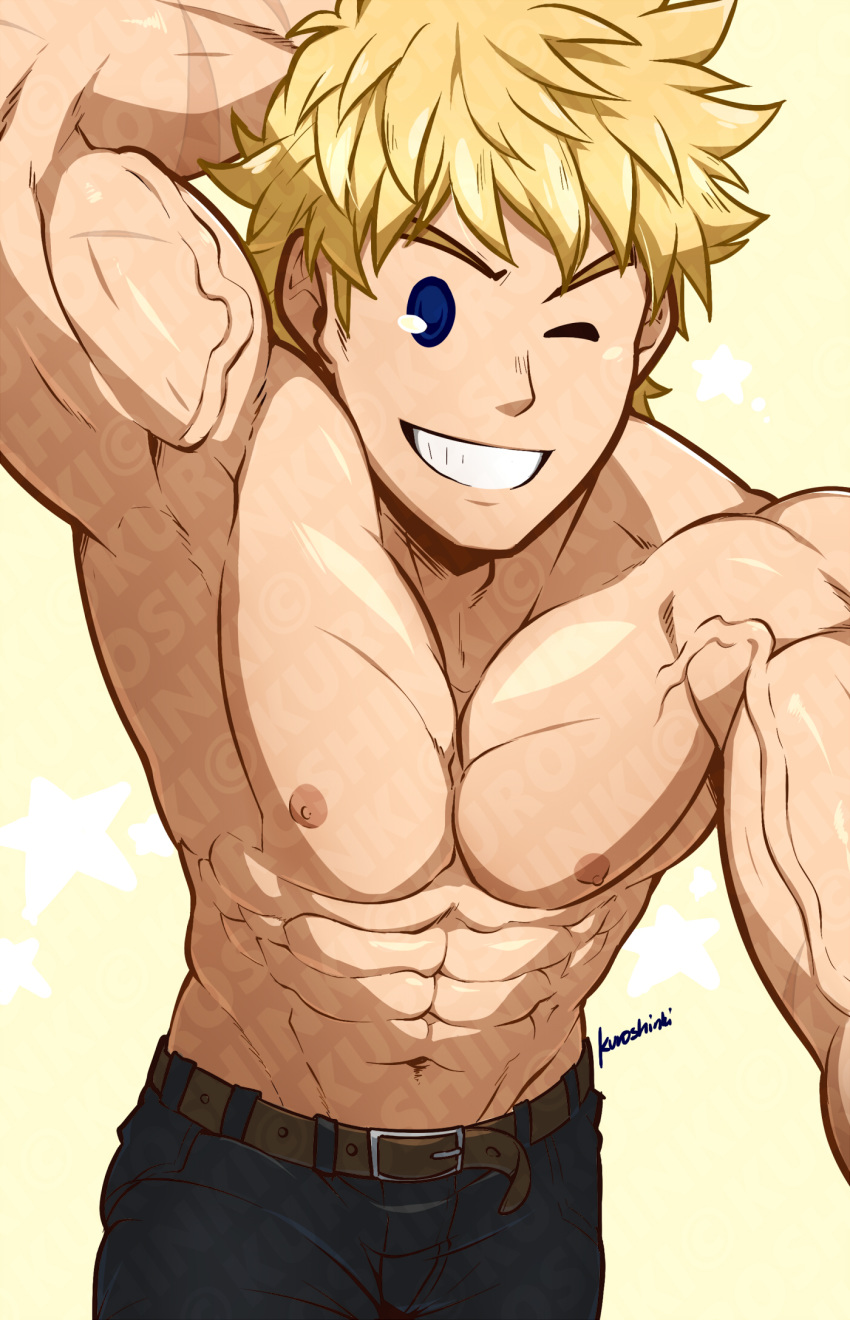 1boy abs alternate_hairstyle artist_name bara beige_background belt blonde_hair blue_eyes boku_no_hero_academia highres kuroshinki looking_at_another looking_at_viewer male_focus messy_hair muscle navel nipples one_eye_closed pants pectorals scar shirtless short_hair simple_background smile solo teeth togata_mirio upper_body veins