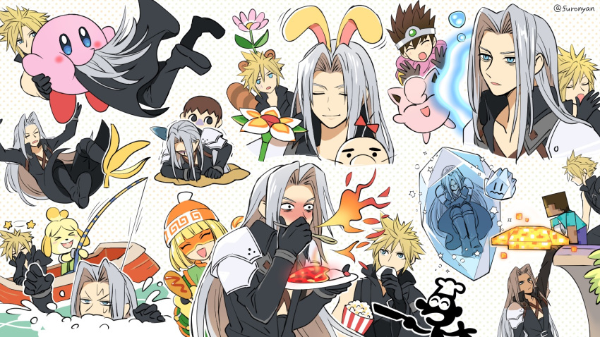 &gt;_&lt; 2girls 6+boys animal_crossing animal_ears armor arms_(game) banana banana_peel bangs black_gloves blonde_hair boat brown_hair bunny_ears closed_eyes cloud_strife coat curry doseisan dragon_quest eating final_fantasy final_fantasy_vii fishing_rod food fruit furono_(fuloru) game_&amp;_watch gen_1_pokemon gloves hat highres ice icicle isabelle_(animal_crossing) jigglypuff kirby kirby_(series) long_hair long_sleeves mask min_min_(arms) minecraft mother_(game) mr._game_&amp;_watch multiple_boys multiple_girls onigiri open_mouth partially_submerged plate pokemon pokemon_(creature) popcorn raccoon_ears raccoon_tail roto sephiroth short_hair shovel silver_hair sleepy sparkle spicy_curry spoon star_(symbol) steve_(minecraft) super_smash_bros. tail twitter_username villager_(animal_crossing) water watercraft wet