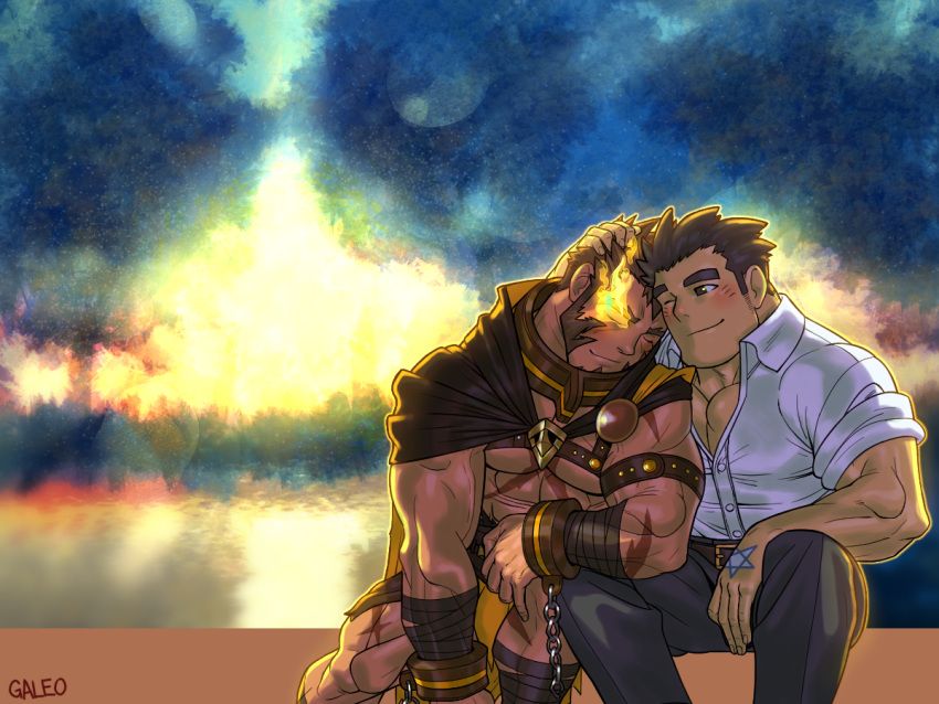 2boys abs backlighting bandages bara bare_pecs blush brown_cape brown_hair bulge cape chest_harness chibi couple cuffs elbow_rest facial_hair feet_out_of_frame flaming_eye forest galeoria goatee hand_on_another's_head handcuffs harness head_to_head hercules_(tokyo_houkago_summoners) loincloth male_focus master_3_(tokyo_houkago_summoners) multiple_boys muscle nature partially_unbuttoned pectorals revealing_clothes scar scar_on_chest short_hair sideburns sleeping sleeping_on_person sleeping_upright stomach tokyo_houkago_summoners yaoi