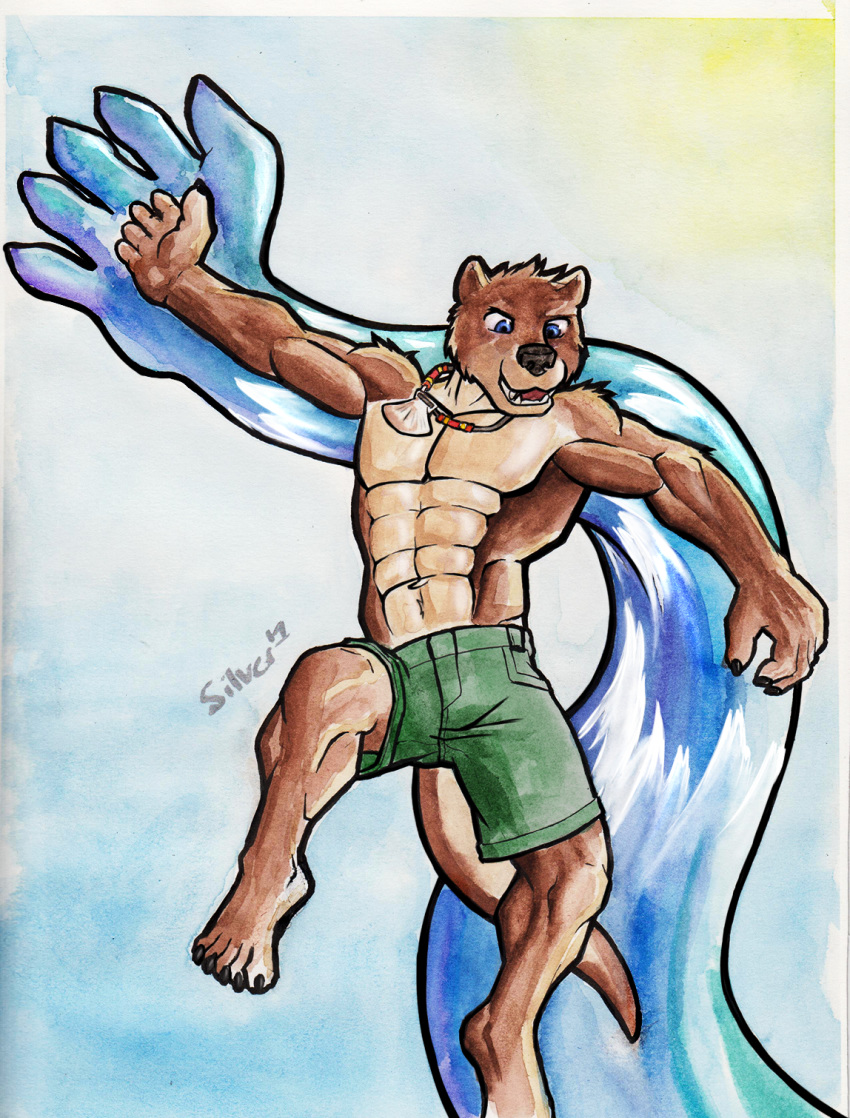 anthro bottomwear clothing elemental_(disambiguation) elemental_creature elemental_manipulation elementalist hi_res jewelry lutrine male mammal muscular muscular_anthro muscular_male mustelid necklace shorts silverferak solo water water_manipulation