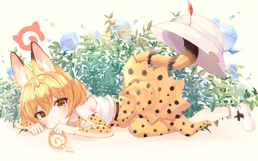 1girl :3 absurdres animal_ears blush brown_eyes bucket_hat closed_mouth elbow_gloves eyebrows_visible_through_hair gloves hat highres japari_symbol kemono_friends kemono_friends_3 looking_at_viewer orange_hair orange_skirt serval_(kemono_friends) serval_ears serval_girl serval_tail short_hair skirt smile solo tail thighhighs yongyong_(yongyong7578)