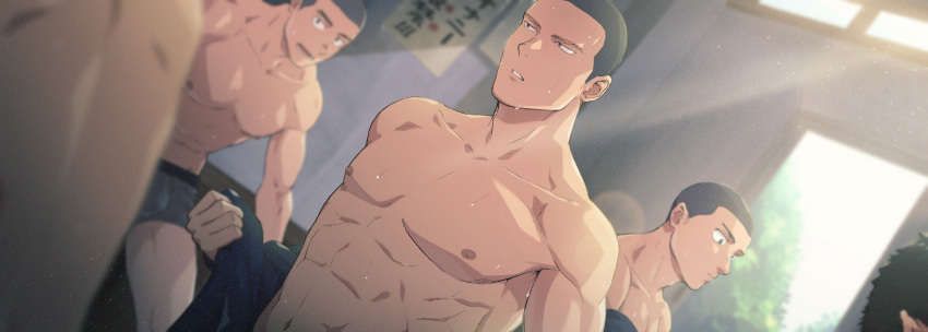 5boys abs absurdres bara boxers buzz_cut grey_hair grey_male_underwear highres indoors kemukemuke looking_at_another male_focus multiple_boys navel nipples original pectorals short_hair sunlight sweat thighs toned toned_male underwear underwear_only undressing very_short_hair wide_shot