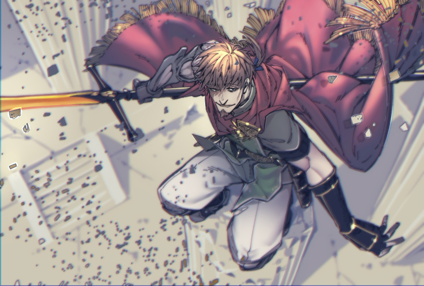 1boy bangs black_gloves blurry blurry_background brown_hair cape elbow_gloves facial_hair fate/grand_order fate_(series) fighting_stance fingerless_gloves fur-trimmed_cape fur_trim gloves goatee hector_(fate/grand_order) highres holding holding_lance holding_polearm holding_weapon koryuu_(gackter10) lance male_focus pants polearm ponytail red_cape rubble short_hair solo weapon white_pants