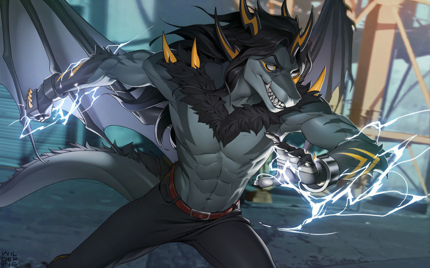 16:10 2020 anthro belt bottomwear clothed clothing dragon electricity hair male markings muscular muscular_anthro muscular_male pants scalie sharp_teeth solo teeth topless topless_male western_dragon widescreen wildering wings