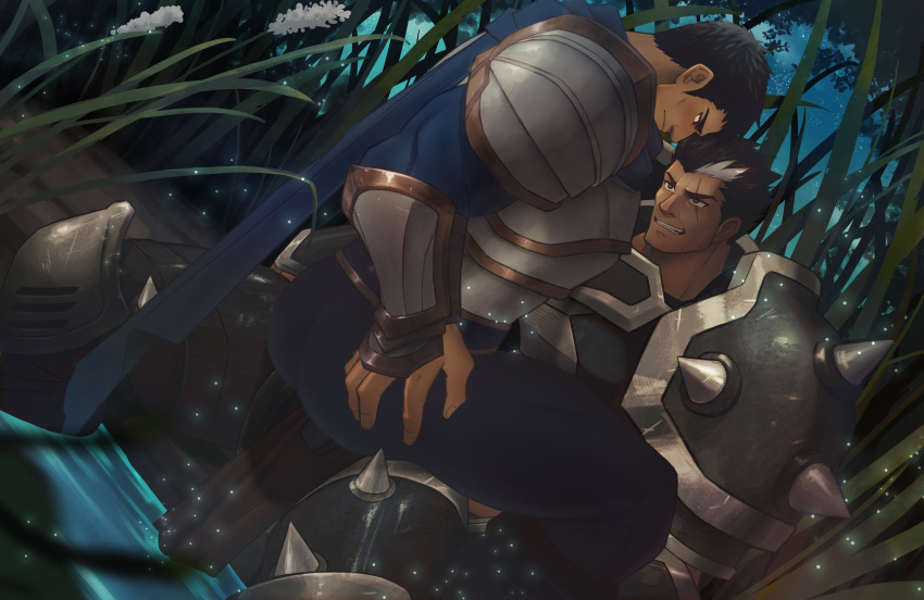 2boys absurdres armor ass bara black_hair blue_pants blush character_request eye_contact f_jun highres imminent_sex league_of_legends looking_at_another male_focus metal multicolored_hair multiple_boys muscle pants pauldrons pond reastplate reward_available scar scar_across_eye short_hair shoulder_armor sitting sitting_on_lap sitting_on_person smirk spikes spread_legs streaked_hair thick_thighs thighs tight vambraces white_hair