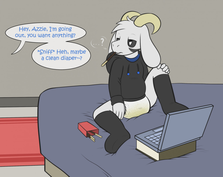 2020 accident anthro asriel_dreemurr bed bed_wetting bedroom bedwetting big_ears black_body black_fur bodily_fluids bottomwear bovid bursting caprine caught caught_off_guard clothed clothing computer cute_expression cute_eyes cute_face dialogue diaper english_text fluffy fluffy_tail food fur furniture genital_fluids goat grey_body grey_fur laptop long_ears lying lying_on_bed male mammal omorashi on_bed padding paws peeing pocky relaxing relief relieve relieved ritzcat sitting solo surprise sweater text topwear undertale urine video_games wall_(disambiguation) wet wet_diaper wetting wetting_diaper