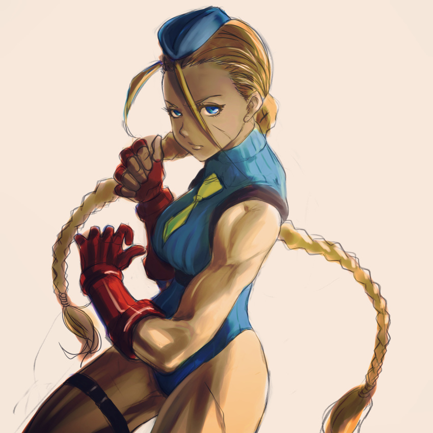 1girl 6maker absurdres adapted_costume antenna_hair blonde_hair blue_eyes blue_headwear blue_leotard braid breasts cammy_white commentary_request elbow_gloves fighting_stance fingerless_gloves garrison_cap gloves hat highres leotard long_hair looking_at_viewer low-tied_long_hair medium_breasts muscle muscular_female necktie red_gloves ribbed_leotard scar scar_on_cheek scar_on_face sidelighting sketch sleeveless solo street_fighter street_fighter_zero_(series) thick_thighs thigh_strap thighs twin_braids very_long_hair white_background yellow_neckwear