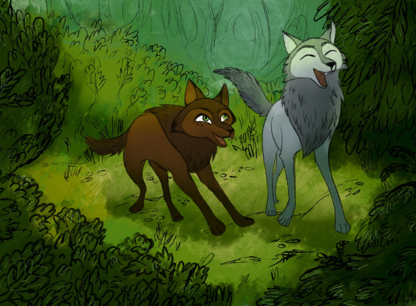 2020 brown_body brown_fur canid canine canis cartoon_saloon duo eyes_closed female feral forest fur grass green_eyes grey_body grey_fur gwynvii hi_res mammal mebh_og_mactire plant robyn_goodfellowe shrub smile tree wolf wolfwalkers