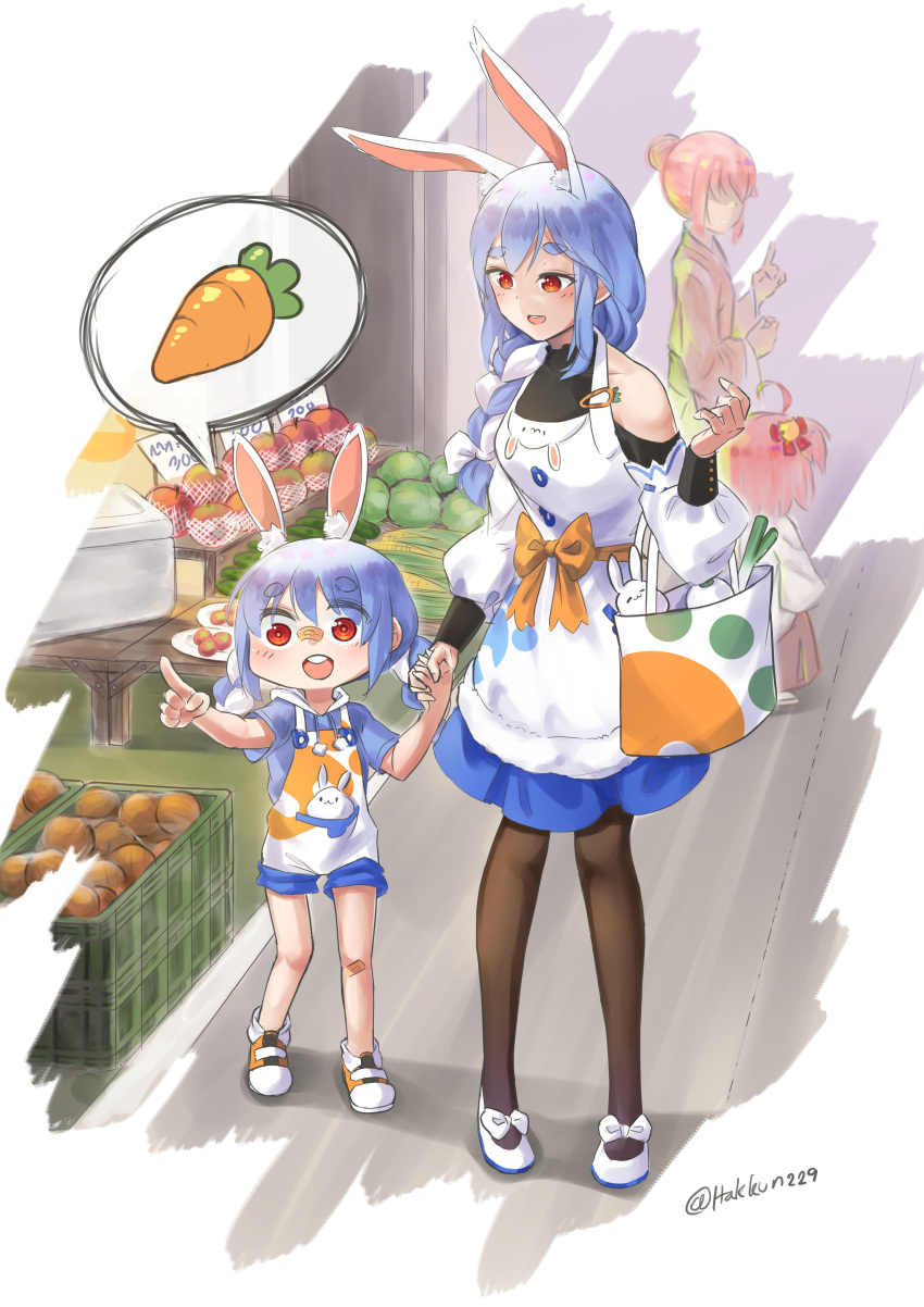 4girls absurdres ahoge animal_ears bag bandaid bandaid_on_knee bandaid_on_nose bell blue_hair braid braided_ponytail brown_legwear bunny bunny_ears cabbage carrot clothing_cutout corn crate f.s. food fruit groceries hair_bell hair_bun hair_ornament hakkun229 highres holding_hand hololive index_finger_raised japanese_clothes kimono mother_and_daughter multicolored_hair multiple_girls open_mouth pantyhose pear pekomama pink_hair pointing red_eyes sakura_miko shirt shop shopping shopping_bag shorts shoulder_cutout sidelocks spring_onion supermarket t-shirt table twin_braids twitter_username two-tone_hair usada_pekora younger