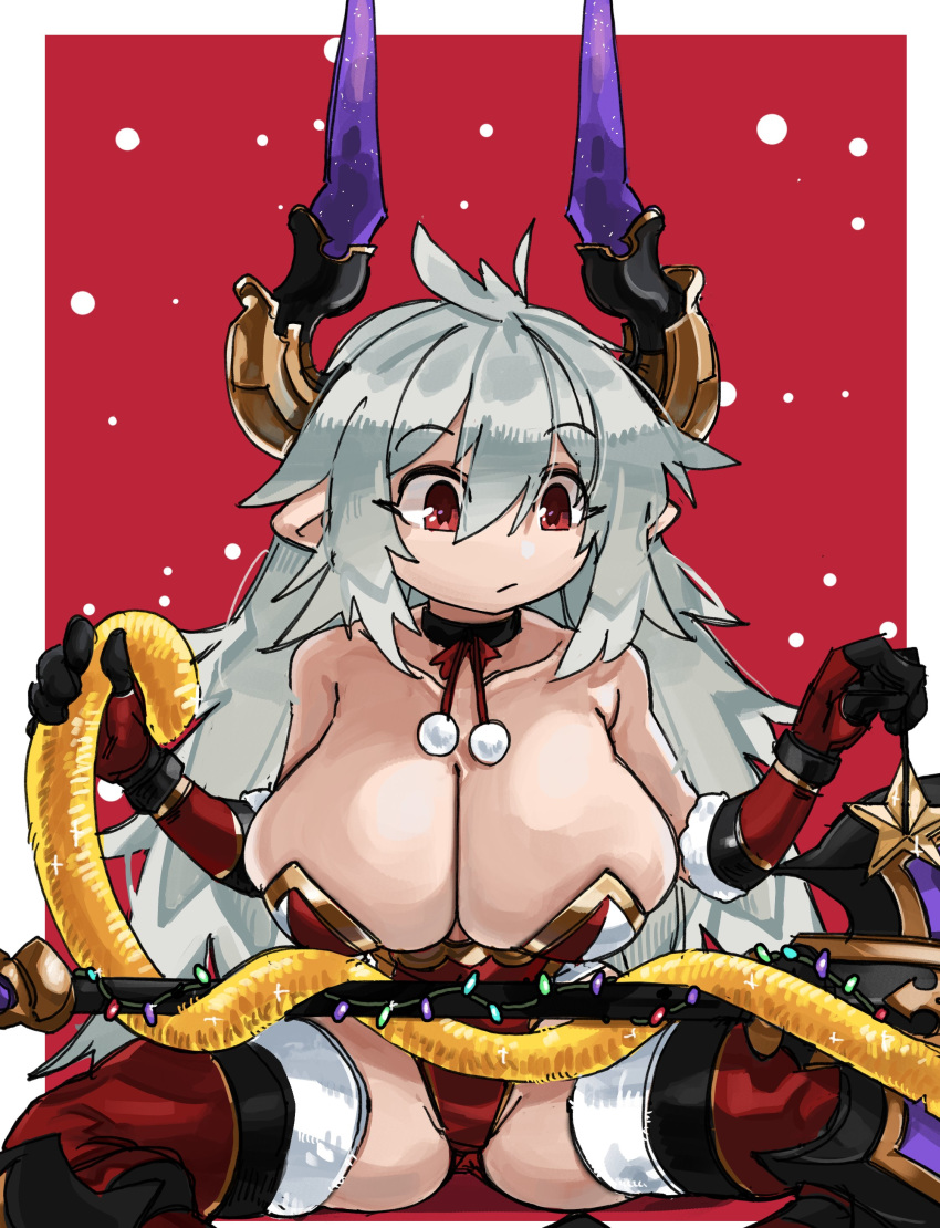 1girl absurdres axe bare_shoulders battle_axe black_choker black_gloves black_legwear border breasts choker christmas christmas_lights christmas_ornaments collarbone commentary decorating draph english_commentary eyebrows_visible_through_hair gloves granblue_fantasy hair_between_eyes highres holding holding_axe horns huge_weapon large_breasts leotard long_hair multicolored multicolored_clothes multicolored_gloves outside_border red_background red_eyes red_footwear red_gloves red_leotard sagging_breasts silver_hair sitting snowing solo spread_legs strapless strapless_leotard thalatha_(granblue_fantasy) thighhighs_under_boots weapon white_border white_legwear zanamaoria