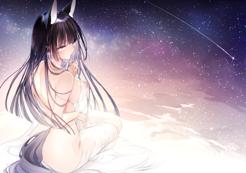 4_ears animal_humanoid big_breasts biped black_hair blush breasts butt canid canid_humanoid canine canine_humanoid clothed clothing detailed_background ear_piercing eyelashes female fingers fox_humanoid glistening glistening_body glistening_breasts glistening_hair glistening_skin hair hi_res human_and_animal_ears humanoid humanoid_hands inner_ear_fluff light_body light_skin long_hair looking_at_viewer looking_back mammal mammal_humanoid monotone_hair multi_ear nipples piercing pink_nipples pupils rear_view shooting_star sitting sky slit_pupils solo space star starry_sky translucent translucent_clothing tuft water white_inner_ear white_inner_ear_fluff yellow_eyes yukibuster-z