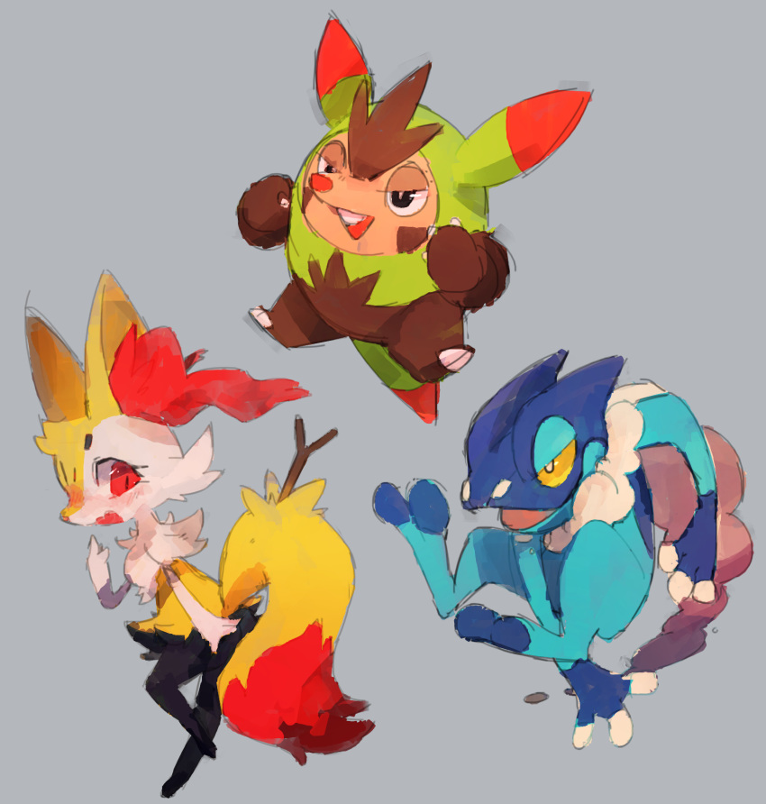 black_eyes braixen commentary_request creature extyrannomon frogadier full_body gen_6_pokemon grey_background highres holding holding_stick looking_at_viewer no_humans pokemon pokemon_(creature) quilladin red_eyes simple_background starter_pokemon starter_pokemon_trio stick yellow_eyes