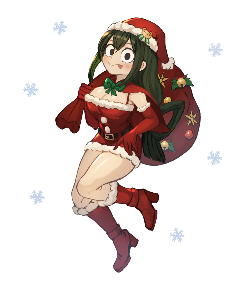 1girl :p alternate_costume asui_tsuyu belt black_eyes boku_no_hero_academia boots bow capelet commentary_request dress elbow_gloves full_body fur-trimmed_boots fur-trimmed_dress fur-trimmed_gloves fur_trim gloves green_bow green_eyes hat high_heel_boots high_heels highres korean_commentary long_hair looking_at_viewer pom_pom_(clothes) red_capelet red_dress red_footwear red_gloves sack santa_costume santa_hat simple_background sleeveless sleeveless_dress snowflakes solo sookmo tongue tongue_out white_background