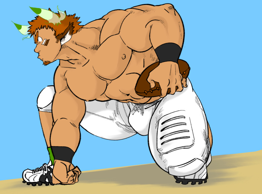 1boy abs american_football american_football_(object) american_football_uniform animal_ears bara brown_hair bulge cow_ears facial_hair forked_eyebrows full_body glowing_horns goatee halco_(halco777) highres horns looking_to_the_side male_focus muscle nipples pants pectorals pout shirtless short_hair solo sportswear thick_eyebrows thick_thighs thighs tight tight_pants tokyo_houkago_summoners wakan_tanka white_pants