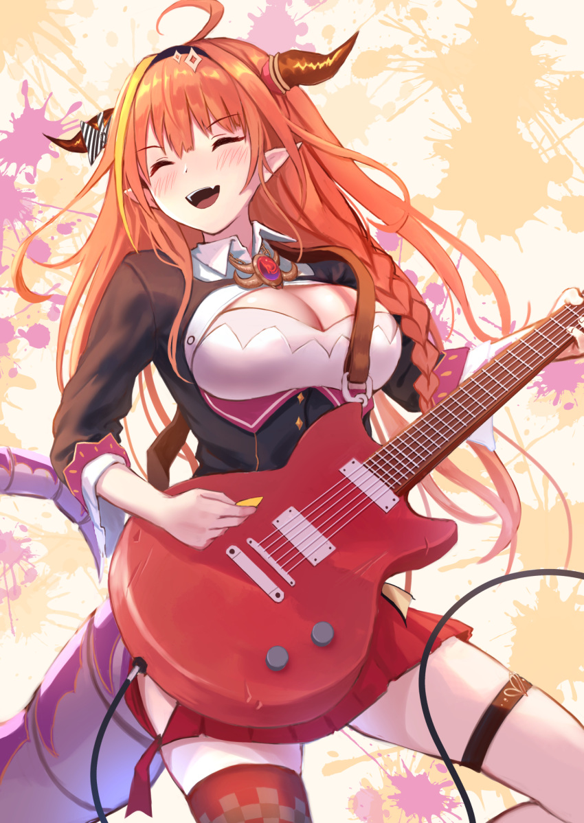 1girl :d ahoge bangs black_hairband blush bow braid breasts cleavage_cutout closed_eyes clothing_cutout commentary dragon_girl dragon_horns dragon_tail electric_guitar english_commentary eyebrows_visible_through_hair fang guitar hairband highres hololive horn_bow horn_ornament horns instrument kiryuu_coco large_breasts long_hair open_mouth orange_hair plectrum pointy_ears roke_(taikodon) single_thighhigh smile solo splatter_background tail thigh_strap thighhighs virtual_youtuber