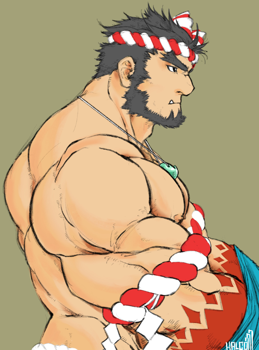 1boy absurdres back bara beard black_eyes black_hair expressionless facial_hair fangs forked_eyebrows from_side hachimaki halco_(halco777) headband highres magatama magatama_necklace male_focus muscle nejiri_hachimaki nipples pectorals shirtless short_hair simple_background solo tajikarao_(tokyo_houkago_summoners) thick_eyebrows tokyo_houkago_summoners upper_body