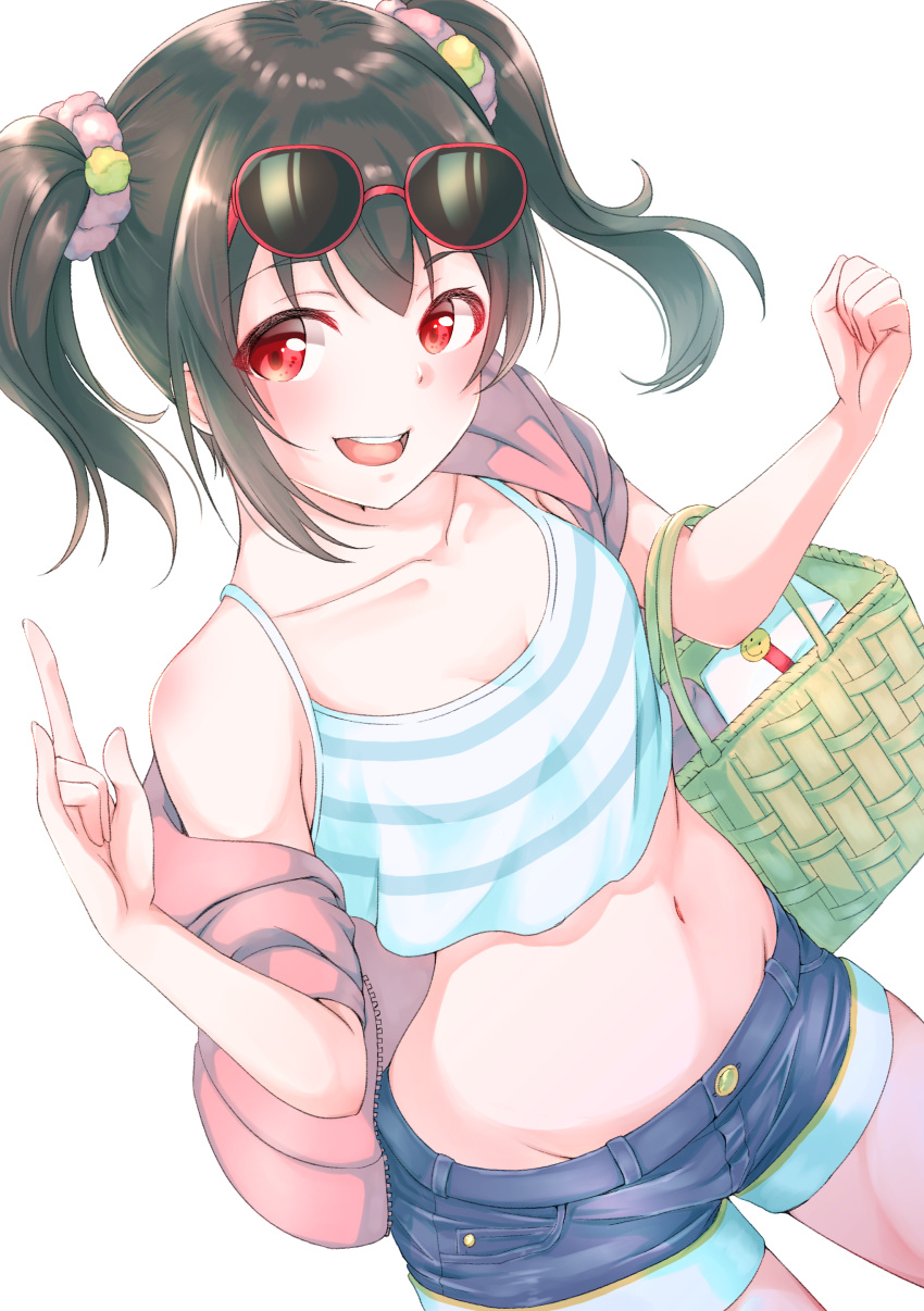 1girl :d absurdres bangs basket black_hair blue_shorts blush breasts cleavage collarbone cowboy_shot crop_top denim denim_shorts dutch_angle eyewear_on_head groin hair_between_eyes hair_ornament hair_scrunchie highres holding holding_basket jacket kobayashi_nyoromichi looking_at_viewer love_live! love_live!_school_idol_project medium_hair midriff navel open_clothes open_jacket open_mouth pink_jacket pink_scrunchie red-framed_eyewear red_eyes scrunchie shiny shiny_clothes shiny_hair short_shorts short_sleeves shorts simple_background small_breasts smile solo spaghetti_strap standing stomach striped sunglasses twintails white_background yazawa_nico