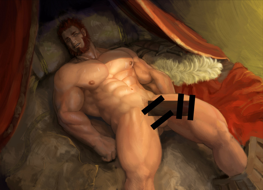1boy abs absurdres ass_visible_through_thighs bar_censor bara beard bed cape cape_removed censored completely_nude dark_skin dark_skinned_male erection facial_hair fate/grand_order fate/zero fate_(series) feet_out_of_frame fur-trimmed_cape fur_trim highres iskandar_(fate) lying male_focus muscle navel nipples nude on_back on_bed pectorals pillow precum red_cape red_eyes red_hair short_hair sleeping solo sweat thick_thighs thighs treesiming veins