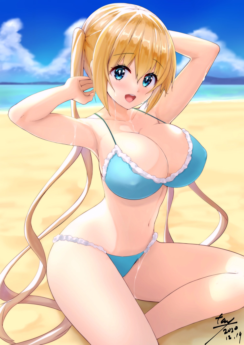 1girl beach bikini blend_s blonde_hair blue_bikini blue_eyes blue_sky breasts collarbone dated day eyebrows_visible_through_hair frilled_bikini frills hair_between_eyes highres hinata_kaho large_breasts long_hair looking_at_viewer lotion navel ocean outdoors sand signature sitting sky sunscreen swimsuit tanityu twintails wariza