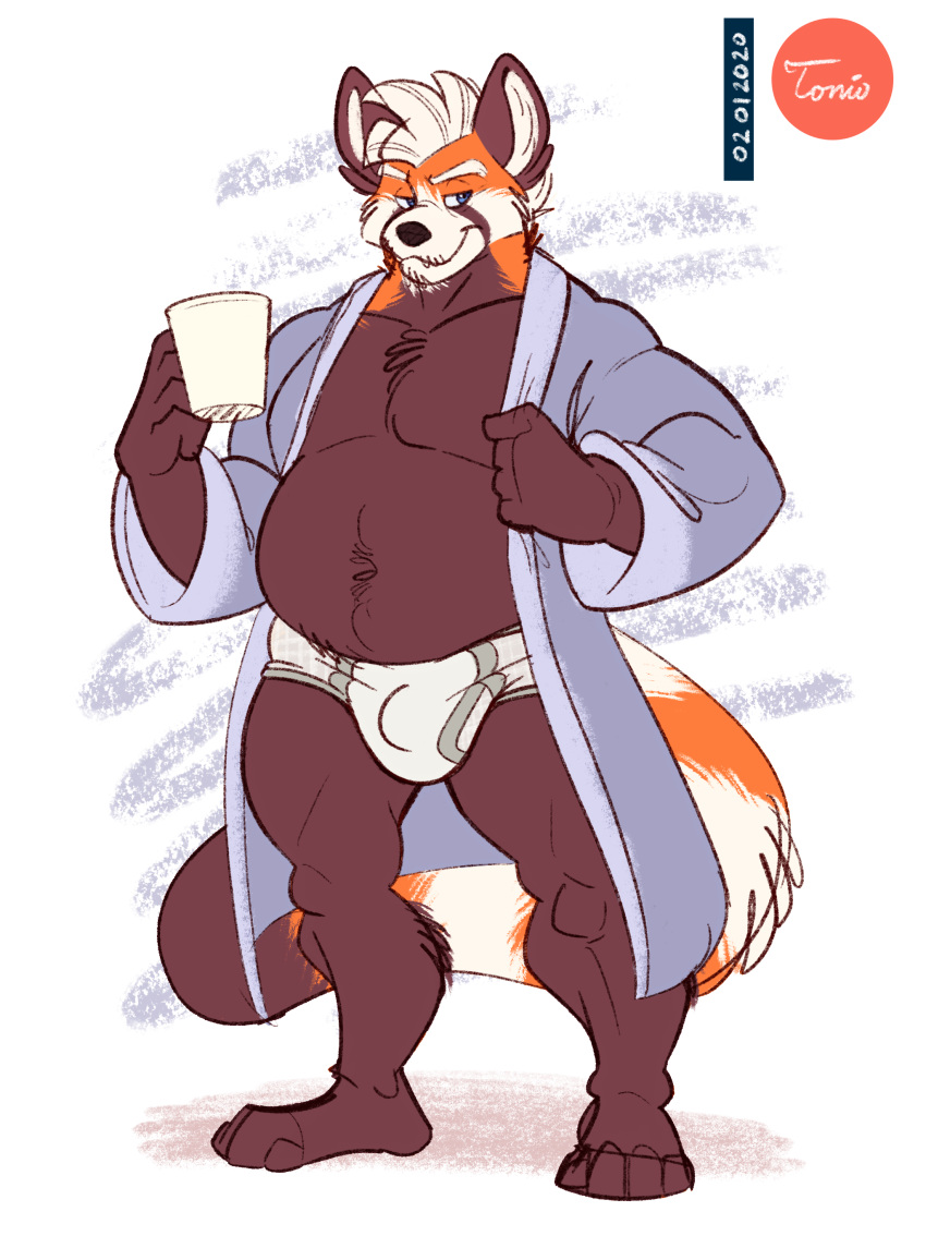 absurd_res age_difference ailurid anthro barefoot bathrobe belly blue_clothing blue_eyes briefs bulge clothing date drink_cup hi_res male mammal navel older_male opening_robe overweight overweight_anthro overweight_male red_dot red_panda robe signature smile solo teeth_showing tighty_whities tonio_(artist) underwear white_clothing white_underwear