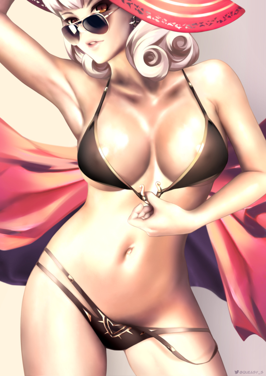 1girl areola_slip areolae arm_up armpits aviator_sunglasses bikini bikini_pull black_bikini breasts brown_eyes carmilla_(fate/grand_order) carmilla_(swimsuit_rider)_(fate) contrapposto covered_nipples curly_hair fate/grand_order fate_(series) hat highres large_breasts lips looking_at_viewer makeup mascara navel pulled_by_self queasy_s red_headwear solo standing sun_hat sunglasses swimsuit towel twitter_username underboob upper_teeth white_hair