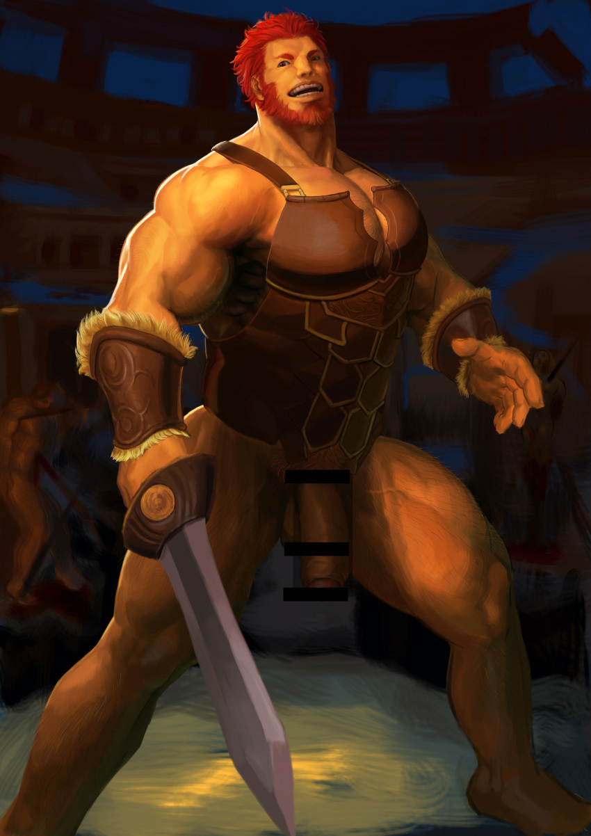 1boy absurdres armor bar_censor bara bare_shoulders beard bottomless bracer breastplate censored cleavage_cutout clothing_cutout colosseum dark_skin dark_skinned_male erection facial_hair fate/grand_order fate/zero fate_(series) feet_out_of_frame foreskin highres holding holding_sword holding_weapon iskandar_(fate) large_penis leather male_focus muscle pectorals penis red_eyes red_hair short_hair solo sword thick_thighs thighs treesiming veins weapon