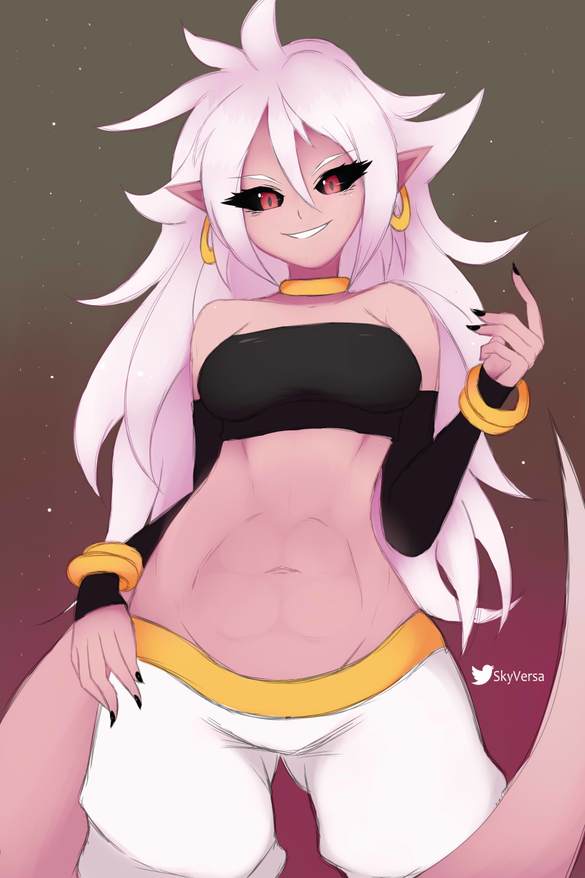 2:3 absurd_res alien alien_humanoid android_21 clothed clothing dragon_ball female hair hi_res humanoid long_hair looking_at_viewer majin majin_android_21 not_furry pink_body pink_skin red_eyes skyversa smile solo