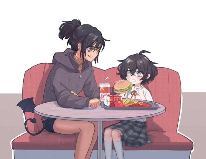 2girls black-framed_eyewear blind blind_girl_(popopoka) blush child collared_shirt commentary commission couch cup demon_tail demon_wings disposable_cup drinking_straw drooling english_commentary food freckles french_fries glasses grey_eyes grey_hoodie grey_skirt hamburger height_difference highres holding holding_food hood hoodie long_sleeves looking_at_another low_wings mcdonald's medium_hair multiple_girls neck_ribbon open_mouth orange_eyes orange_neckwear orange_ribbon original ponytail popopoka ribbon shirt short_shorts shorts sitting skirt smile socks tail tray white_legwear wide-eyed wing_collar wings