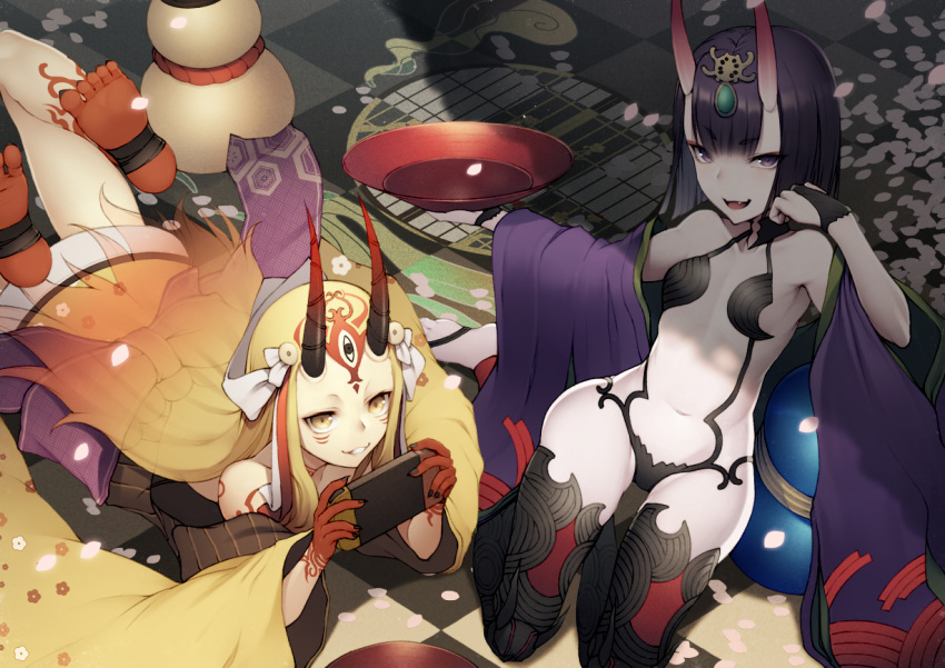 2girls artist_name bangs banned_artist bare_shoulders barefoot beads blonde_hair bob_cut breasts bridal_gauntlets cherry_blossoms collarbone commentary_request cup eyeliner facial_mark fate/grand_order fate_(series) fingernails flower food forehead_jewel forehead_mark fruit fruit_bowl gourd grin hair_ribbon handheld_game_console headpiece hip_focus holding holding_handheld_game_console horns ibaraki_douji_(fate/grand_order) japanese_clothes kimono kneeling kyoeiki legs long_hair looking_at_viewer lying makeup multiple_girls nintendo nintendo_switch obi on_stomach oni oni_horns open_clothes open_kimono photoshop_(medium) purple_eyes purple_hair purple_kimono revealing_clothes ribbon sakazuki sash sharp_fingernails short_eyebrows short_hair shuten_douji_(fate/grand_order) skin-covered_horns small_breasts smile tattoo thighs white_ribbon wide_sleeves yellow_eyes yellow_kimono