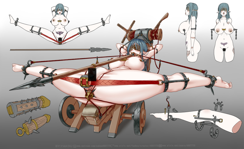 anal anal_penetration ballista bangs big_breasts blindfold blue_hair bound breast_piercing breasts censored clipped_ear clitoris clitoris_piercing dildo dildo_in_ass dildo_in_pussy dildo_penetration elf female fixed_dildo fixed_toy forniphilia gag gagged genital_piercing genitals hair hands_behind_head hi_res huge_breasts humanoid humanoid_pointy_ears impalement lying multiple_angles nipple_piercing nipples not_furry open_mouth penetration piercing pubes pubic_mound red_rope restrained rope sex_toy sex_toy_in_ass sex_toy_in_pussy sex_toy_penetration solo spiked_dildo spikes spread_legs spreading standing tattoo vaginal vaginal_penetration womb_tattoo yakou