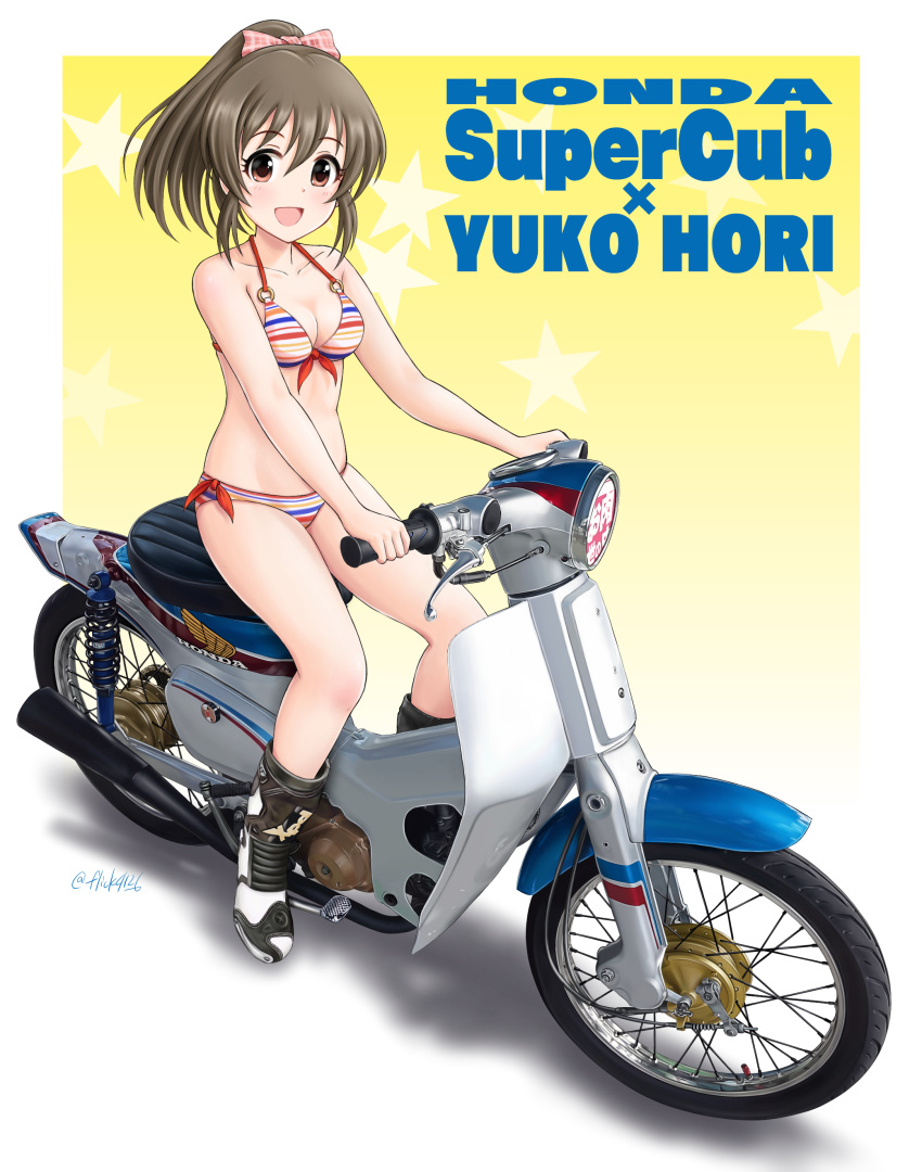 1girl :d absurdres bangs bikini boots bow breasts brown_eyes brown_hair character_name cleavage commentary english_text flick_(sal23) front-tie_bikini front-tie_top ground_vehicle hair_bow highres honda honda_super_cub hori_yuuko idolmaster idolmaster_cinderella_girls logo looking_at_viewer medium_breasts medium_hair motor_vehicle motorcycle multicolored multicolored_bikini multicolored_clothes multicolored_stripes on_motorcycle open_mouth pink_bow ponytail romaji_text shadow side-tie_bikini sitting smile solo starry_background striped striped_bikini swimsuit twitter_username white_footwear yellow_background