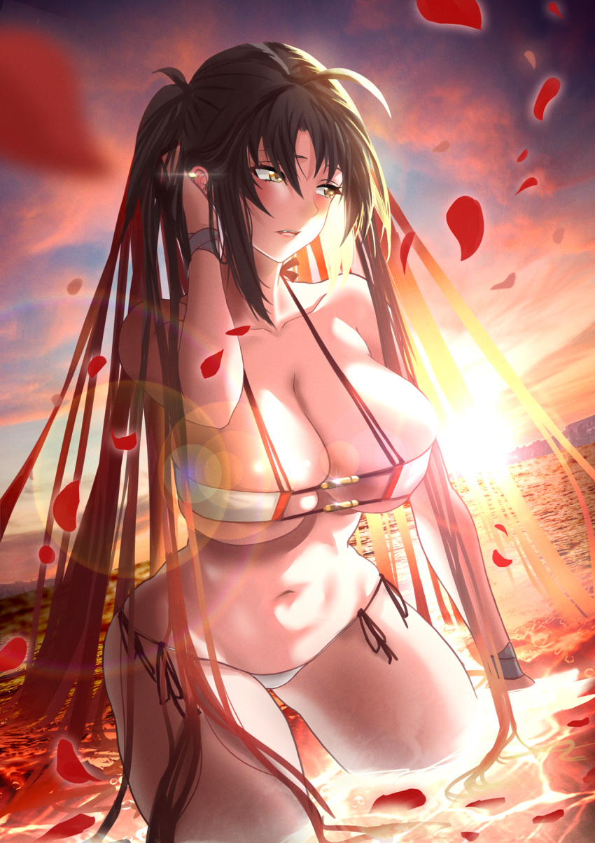 1girl bangs bare_shoulders bikini breasts brown_eyes brown_hair cleavage collarbone consort_yu_(fate) earrings fate/grand_order fate_(series) gradient_sky highres jewelry large_breasts long_hair looking_to_the_side multiple_earrings navel ocean orange_sky petals shibao_aoyama sky sunset swimsuit thighs twilight twintails very_long_hair wading white_bikini yu_miaoyi_(swimsuit_lancer)