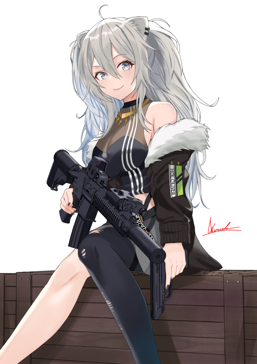 1girl ahoge animal_ears asurada_yui bare_shoulders black_jacket black_legwear black_nails breasts cleavage closed_mouth commentary eyebrows_visible_through_hair fur_trim grey_eyes grey_hair gun hair_between_eyes highres holding holding_gun holding_weapon hololive jacket lion_ears long_hair looking_at_viewer medium_breasts nail_polish shishiro_botan signature simple_background single_leg_pantyhose sitting smile solo suppressor torn_clothes torn_legwear virtual_youtuber weapon weapon_request white_background