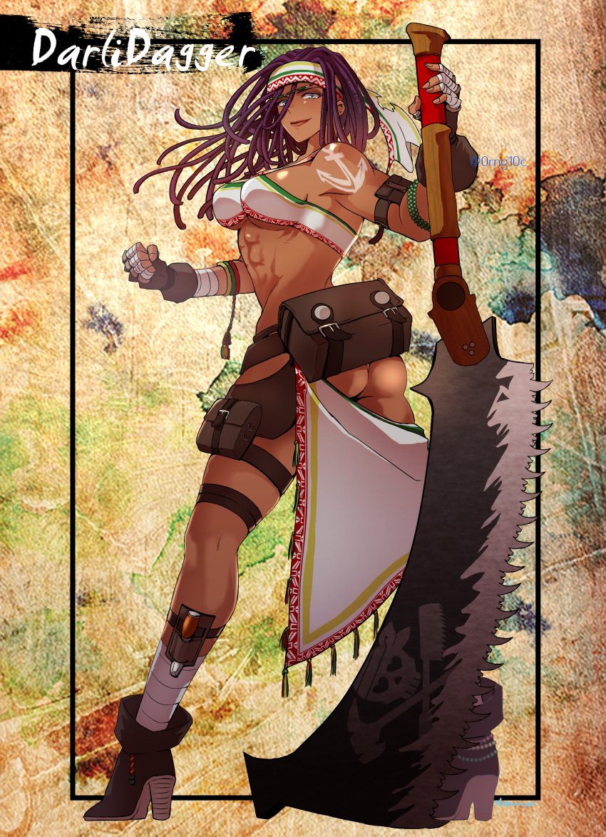 1girl abs absurdres anchor_tattoo animal_ears ankle_boots arm_pouch ass bandaged_fingers bandaged_leg bandages beads belt blue_eyes boots bracelet breasts clenched_hand dark_skin darli_dagger full_body hair_beads hair_ornament high_heel_boots high_heels highres huge_weapon jewelry jolly_roger lips long_hair long_legs looking_at_viewer looking_back madagascar medium_breasts multiple_belts muscular muscular_female pearl_bracelet planted_weapon purple_hair samurai_spirits saw saw_cleaver shoulder_tattoo skull_and_crossed_swords solo tattoo thigh_pouch thigh_strap tools towoko_(orange_bitch) twisted_torso underboob very_dark_skin weapon