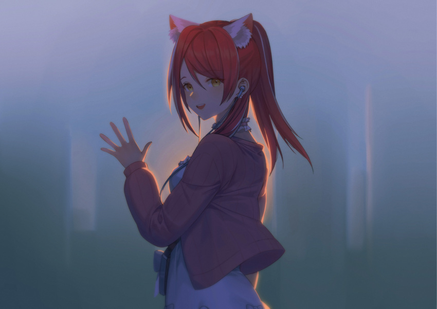 1girl animal_ear_fluff animal_ears artist_request bangs cardigan dress earbuds earphones eyebrows_visible_through_hair goodbye hololive hololive_china looking_at_viewer official_art open_cardigan open_clothes open_mouth pink_cardigan ponytail red_hair smile solo virtual_youtuber white_dress yellow_eyes yogiri_(hololive)