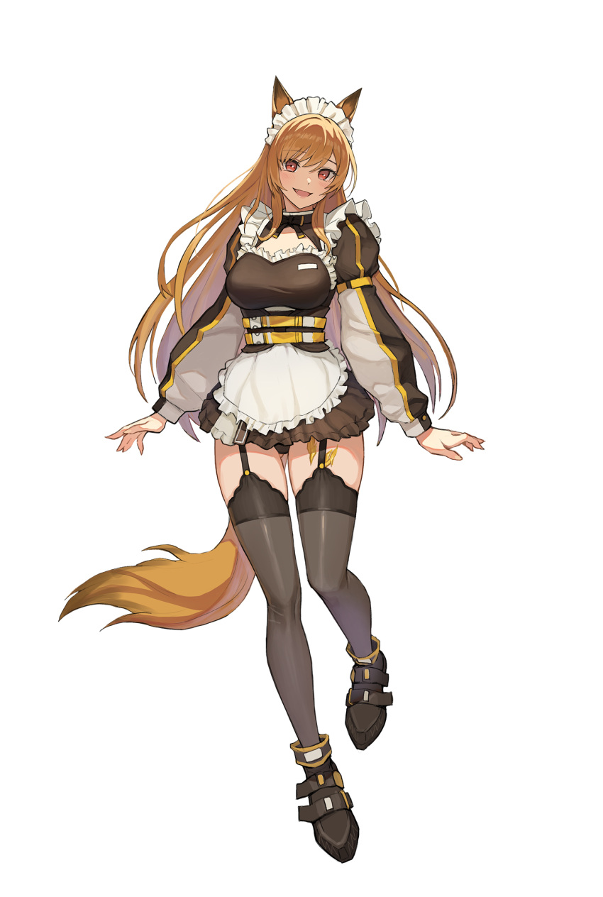 1girl adapted_costume alternate_costume animal_ears arknights black_footwear black_legwear blush bow bowtie breasts brown_hair ceobe_(arknights) commentary dog_ears dog_girl dog_tail english_commentary eyebrows_visible_through_hair fang full_body garter_straps highres jason_kim large_breasts long_hair long_sleeves looking_at_viewer maid maid_headdress oripathy_lesion_(arknights) red_eyes simple_background solo standing standing_on_one_leg tail thighhighs thighs white_background white_headwear