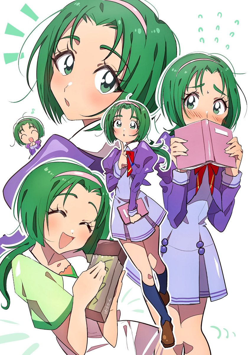 5girls absurdres akimoto_komachi blush bow_hairband closed_eyes eyelashes green_eyes green_hair grgrton hair_ornament hairband happy highres l'ecole_des_cinq_lumieres_school_uniform looking_at_viewer multiple_girls multiple_persona open_mouth precure ribbon school_uniform shoes short_hair simple_background smile socks white_background yes!_precure_5 yes!_precure_5_gogo!