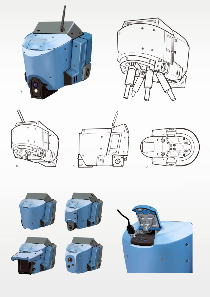 absurdres beige_background character_sheet head highres kusami_toka_naku_au lineart looking_ahead no_humans original piston robot science_fiction usb variations