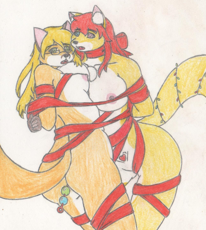 areola big_breasts breasts butt canid canine christmas colored_pencil_(artwork) duo eyewear felid female female/female fox glasses group hair hi_res holidays imjim007 mammal nipples open_mouth pandora's_fox traditional_media_(artwork) youli