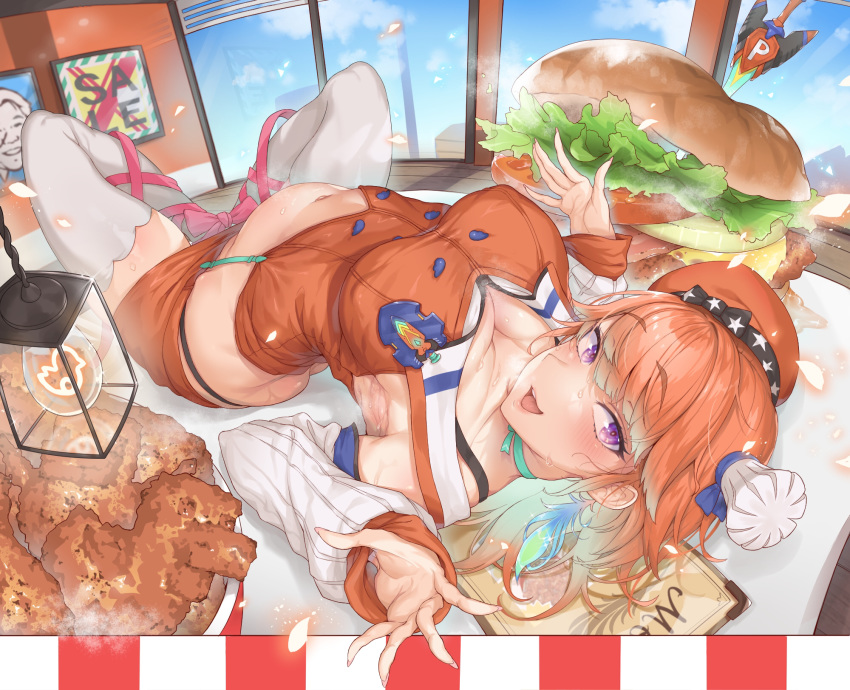 1girl arched_back bangs beret breasts cinders cleavage come_hither day emblem fingernails food fried_chicken hamburger hanging_light hat highres hololive hololive_english indoors lettuce light_bulb long_fingernails long_hair looking_at_viewer looking_back lying menu minecraft navel on_back on_table onion_rings open_mouth orange_hair pencil_skirt pink_ribbon poster_(object) purple_eyes restaurant ribbon skirt smile solo swept_bangs sword table takanashi_kiara thighhighs tomato touchou-bu tsurime weapon white_legwear window wooden_floor