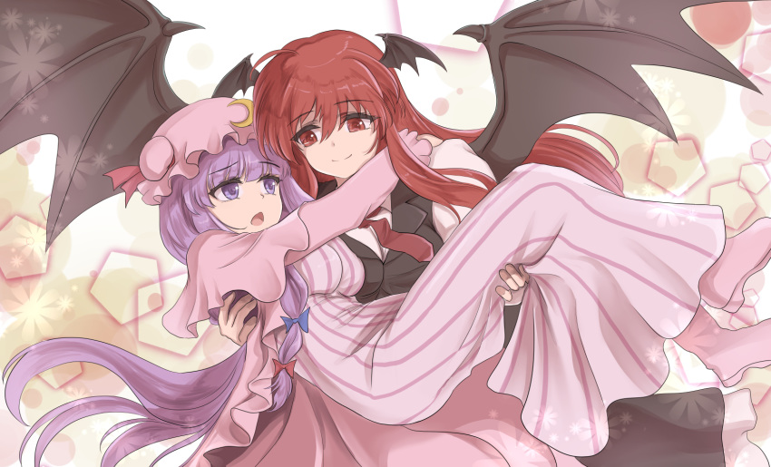 2girls :o black_vest blue_bow bow breasts capelet carrying closed_mouth commentary crescent crescent_moon_pin demon_wings dress eye_contact eyebrows_visible_through_hair flower_(symbol) hair_bow hat hat_ribbon head_wings highres koakuma large_breasts long_hair long_sleeves looking_at_another mob_cap multiple_girls namiki_(remiter00) necktie open_mouth patchouli_knowledge pentagon_(shape) pink_capelet pink_footwear pink_robe princess_carry purple_eyes red_bow red_eyes red_hair red_neckwear red_ribbon ribbon robe shirt smile striped striped_dress touhou very_long_hair vest white_shirt wings yuri