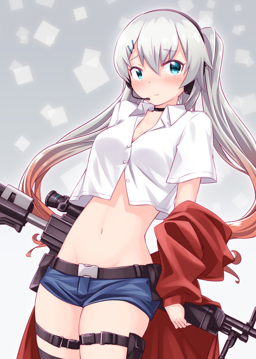 1girl bangs belt bipod black_belt black_choker blue_eyes blue_shorts breasts choker cleavage closed_mouth collared_shirt cowboy_shot crop_top denim denim_shorts dress_shirt eyebrows_visible_through_hair general_dynamics_lwmmg girls_frontline gradient_hair gun hair_between_eyes hair_ornament hairclip headset highres holding holding_gun holding_weapon jacket light_blush long_hair looking_at_viewer lwmmg_(girls_frontline) machine_gun medium_breasts micro_shorts midriff multicolored_hair navel red_jacket sansei_rain scope shirt shorts silver_hair solo standing stomach thigh_strap twintails weapon white_shirt