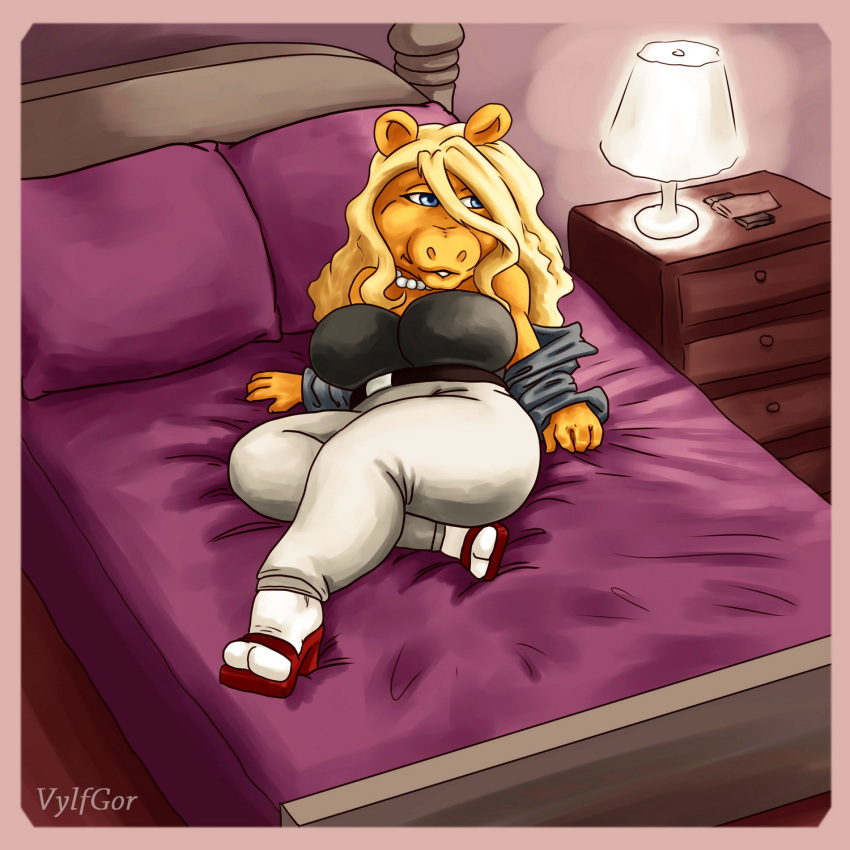 1:1 2020 anthro bed big_breasts blonde_hair blue_eyes breasts cleavage clothed clothing domestic_pig female footwear furniture hair hi_res looking_aside mammal miss_piggy muppet_show muppets orange_body shoes solo suid suina sus_(pig) the_muppet_show vylfgor