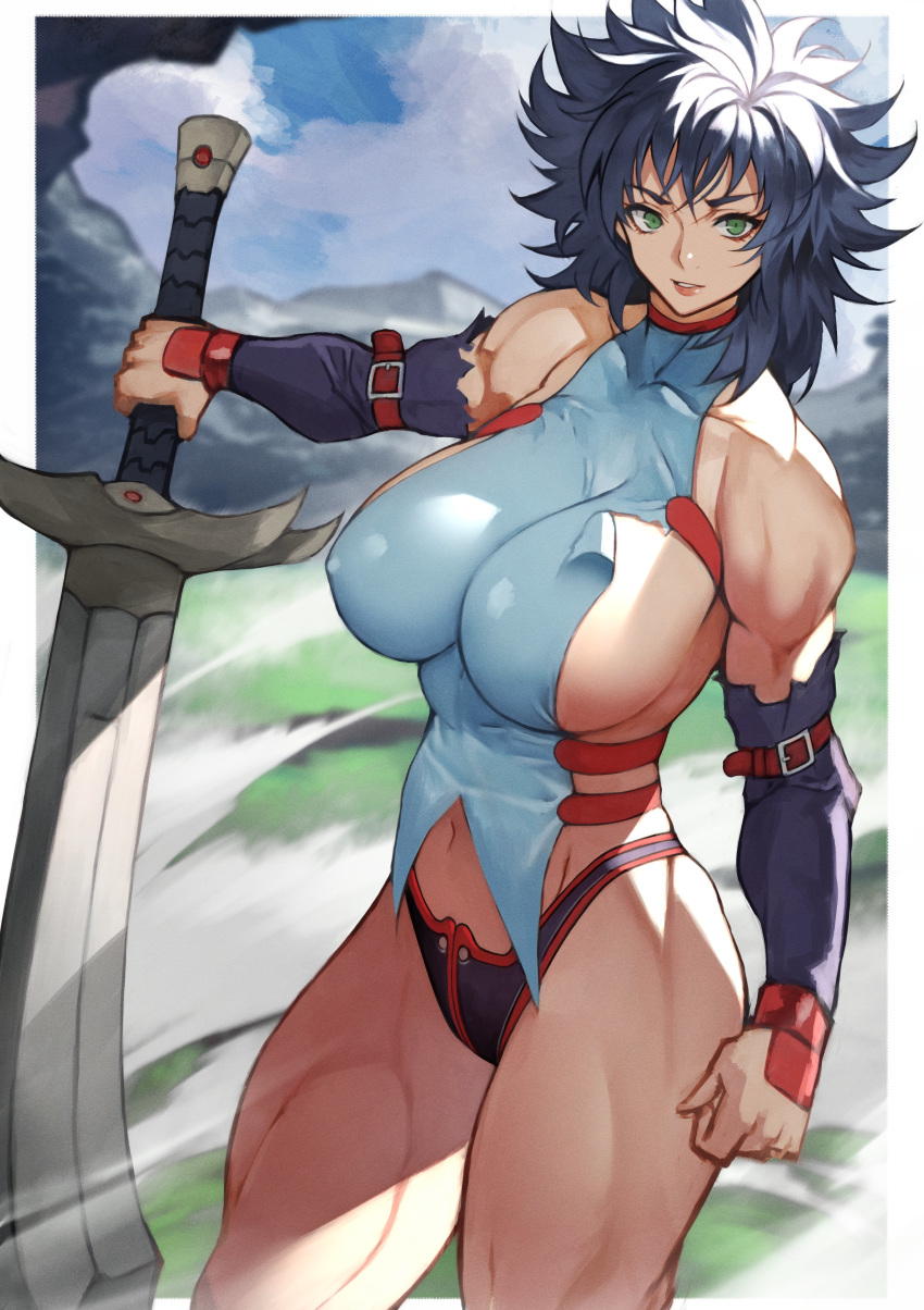 1girl absurdres bare_shoulders bastard!! blue_hair cloud cloudy_sky collarbone covered_collarbone covered_nipples green_eyes hair_between_eyes highres holding holding_sword holding_weapon kai_harn looking_at_viewer medium_hair mountain muscular muscular_female navel outdoors parted_lips pink_lips sky solo sword torn torn_clothes weapon yoshio_(55level)