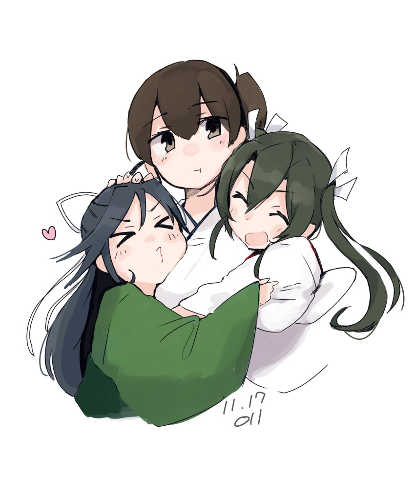 &gt;_&lt; 3girls :t absurdres bangs black_hair blush breasts brown_eyes brown_hair closed_eyes eyebrows_visible_through_hair green_hair hair_between_eyes hair_ribbon heart highres hug japanese_clothes kaga_(kantai_collection) kantai_collection katsuragi_(kantai_collection) long_hair long_sleeves ma_rukan multiple_girls o3o open_mouth ponytail puckered_lips ribbon simple_background twintails upper_body white_background wide_sleeves zuikaku_(kantai_collection)